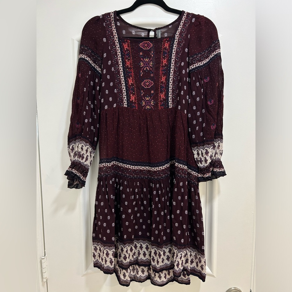 Bohemian Burgundy Long Sleeve Dress